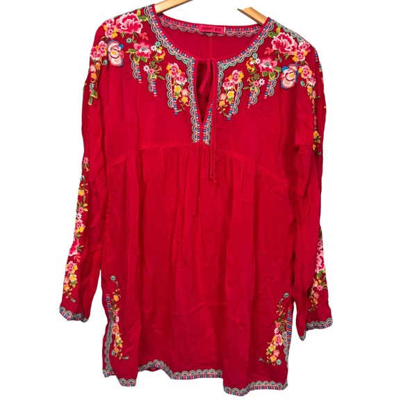 Johnny Was Vanessa M Embroidered Red Tunic Top Floral Rayon Boho Fairy Peasant - Picture 7 of 16
